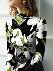 1pc Women'S Sexy Floral Print High Neck Turtleneck Long Sleeve T-Shirt, 100% Polyester Knit Fabric, Regular Length All-Season Top