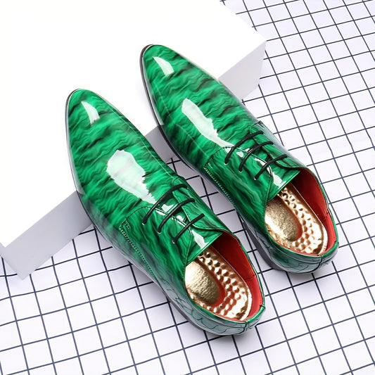 Men'S Fashion Blue Ripple Glossy Dress Shoes, Casual Business Style, All-Season Low Top Lace-Up, Pointed Toe, Upper/Inner, Rubber Sole, England-Inspired Design SHOWLU FASHION STORE