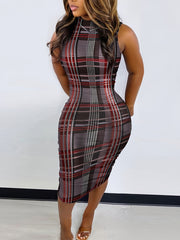 Women's High-Waisted Olive Green Geometric Print Sleeveless Dress - Stretchy Bodycon Midi Dress with Stand Collar, Machine Washable All-Season Vacation & Casual Wear, Tight Fitted Dress, Versatile Fashion, Highelasticity Fabr