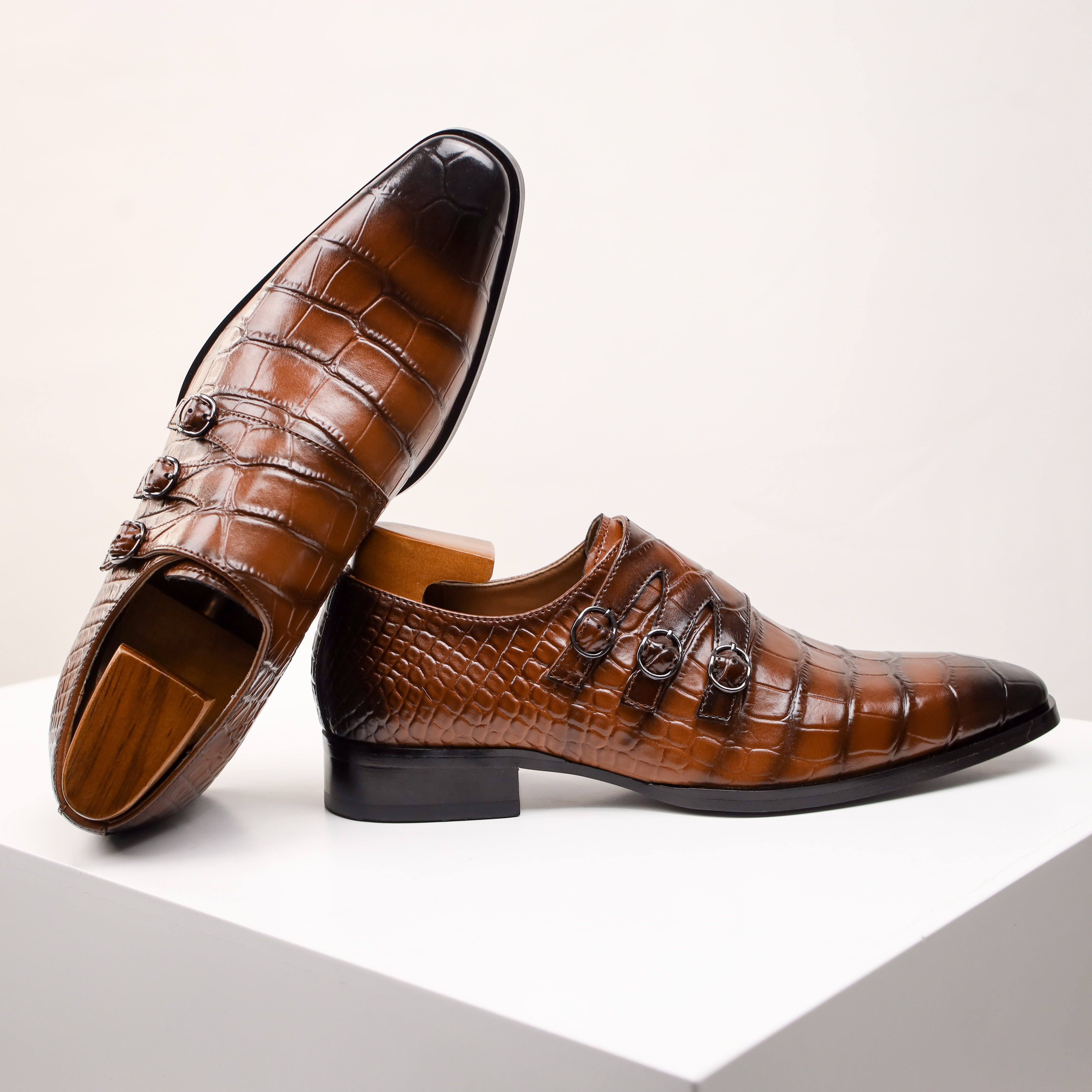 Men's Genuine Faux Leather Monk Strap Oxfords - Casual Fashion Business Shoes with Solid Color, Square Toe, All-Season Low Top Slip-On for Daily, Party & Wedding - Split Cow Faux Leather Upper, Synthetic Inner, Rubber Sole SHOWLU FASHION STORE