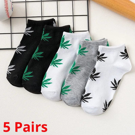 5 Pairs Maple Leaf Men's Short Socks Version Trendy Street Hip Hop Skateboard Ins Low Top Basketball Boat Socks - SHOWLU FASHION STORE