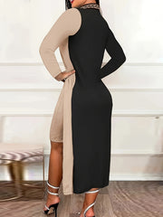 [Elegant Bodycon Dress] Elegant Long Sleeve Bodycon Dress | Women's Color Block Sleeves & Side Slit - Long Length Round Neck Spring/Fall Dress, Hand Wash Only, Sophisticated Fashion, Strappy Details