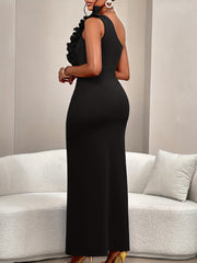 2025 Summer New Arrival Women's Solid Color Asymmetrical Shoulder Ruffle Detail Sleeveless Elegant Charm Slit Dress Suitable for Parties, Gatherings, Dates, Singles' Night, Formal Dinners Grand Events, Valentine's Day, Weddin