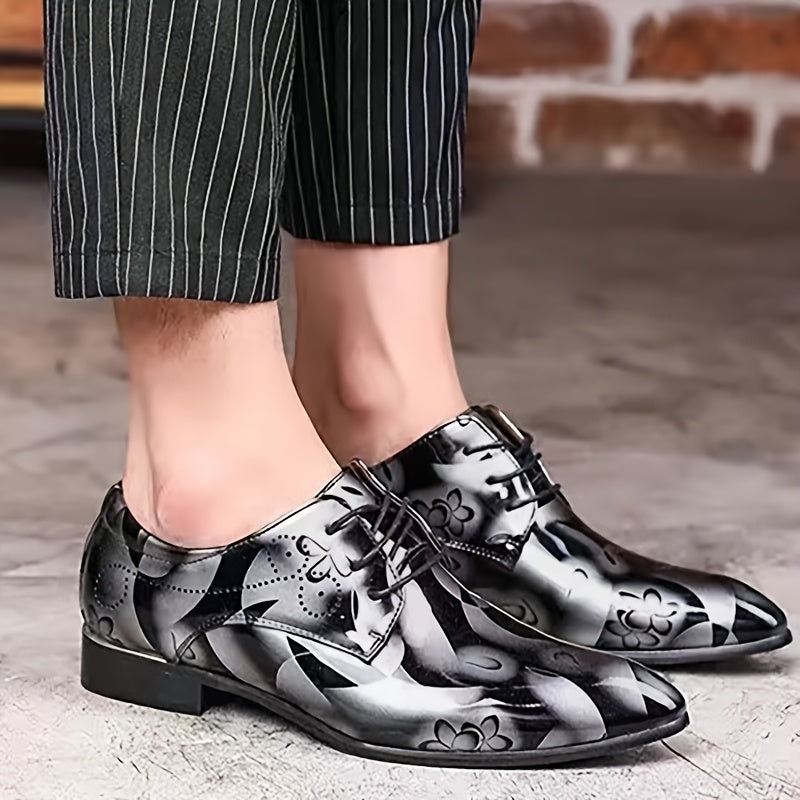 Men's Fashion Floral Pattern Pointed Toe Faux Oxfords - 1pair Low Top Dress Shoes, Casual Rock Style, All-Season Slip-On Lace-Up - Durable Rubber Sole for Wedding, Party, Business, Tuxedo SHOWLU FASHION STORE