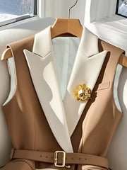 Women's Elegant Contrast Color-Block Vest - Summer Lightweight Belted Cardigan with Golden Buttons, Machine Washable Round Neck Blazer Vest for Casual & Formal Outfits, Outfit Enhancer, Structured Design, Sophisticated Tailor