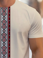 Men's Ethnic Geometric Embroidery T-Shirt - Premium Fabric, Comfort Fit Round Neck, Machine Washable Casual Top for Casual Attire, T Shirt, Durable Fabric Shirt