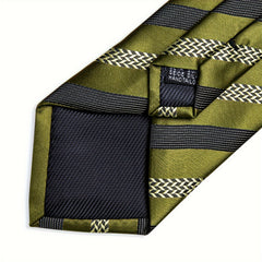 Men's Green Striped Silk Tie Set with Pocket Square, Hanky, and Cufflinks - Herringbone Pattern, Ideal for Weddings and Formal Events
