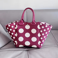 Bohemian Style Burgundy Tote Bag for Women, Casual Foldable Knit Handbag with Fixed Shoulder Straps, Magnetic Closure, Polyester, Polka Dot Pattern, Unlined, Travel Bag