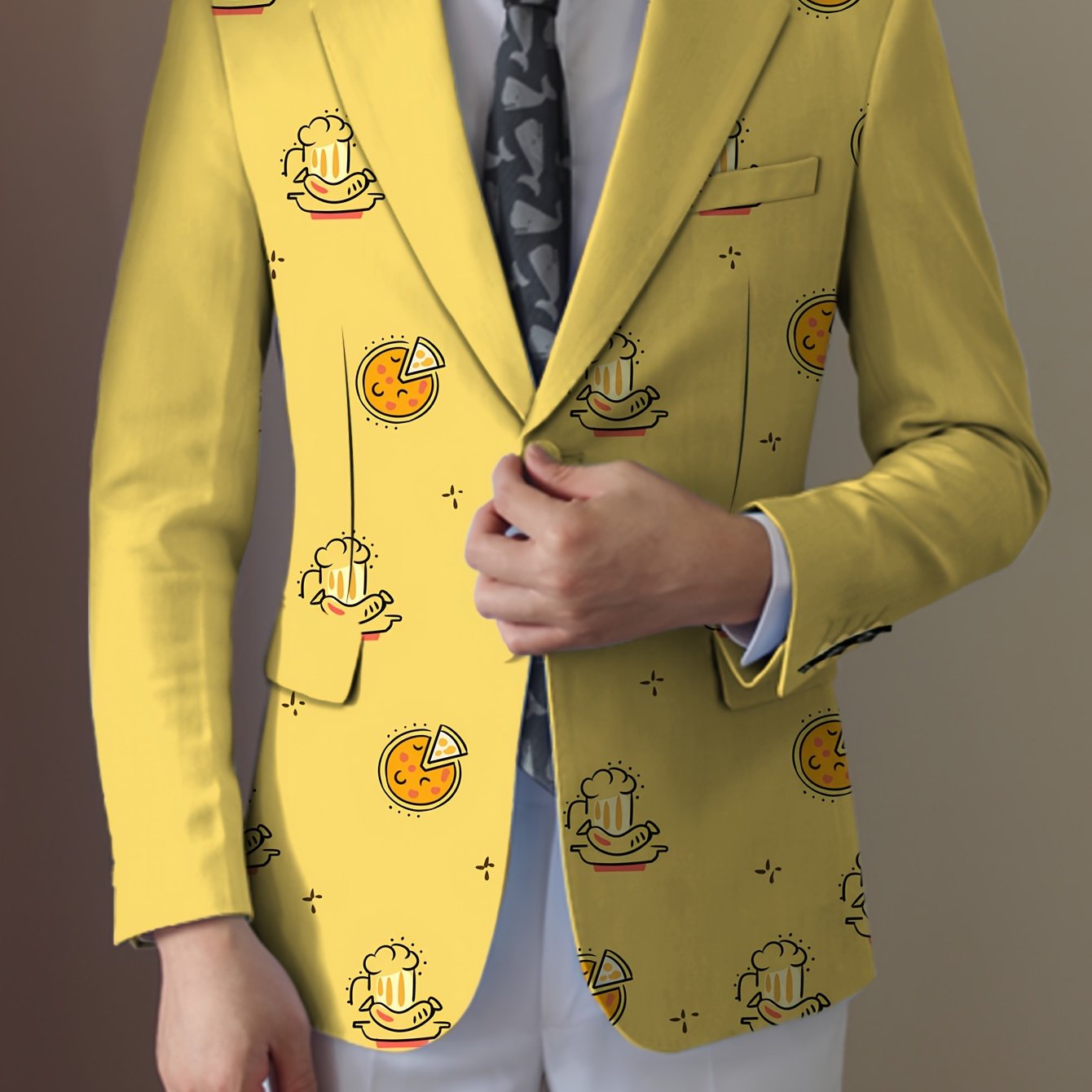 Men'S Casual Food Cartoon Pattern Suit, Polyester 95% Elastane 5%, All-Season Lapel Collar Blazer with Button Details, Regular Fit Woven Fabric SHOWLU FASHION STORE