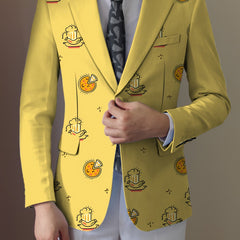 Men'S Casual Food Cartoon Pattern Suit, Polyester 95% Elastane 5%, All-Season Lapel Collar Blazer with Button Details, Regular Fit Woven Fabric SHOWLU FASHION STORE