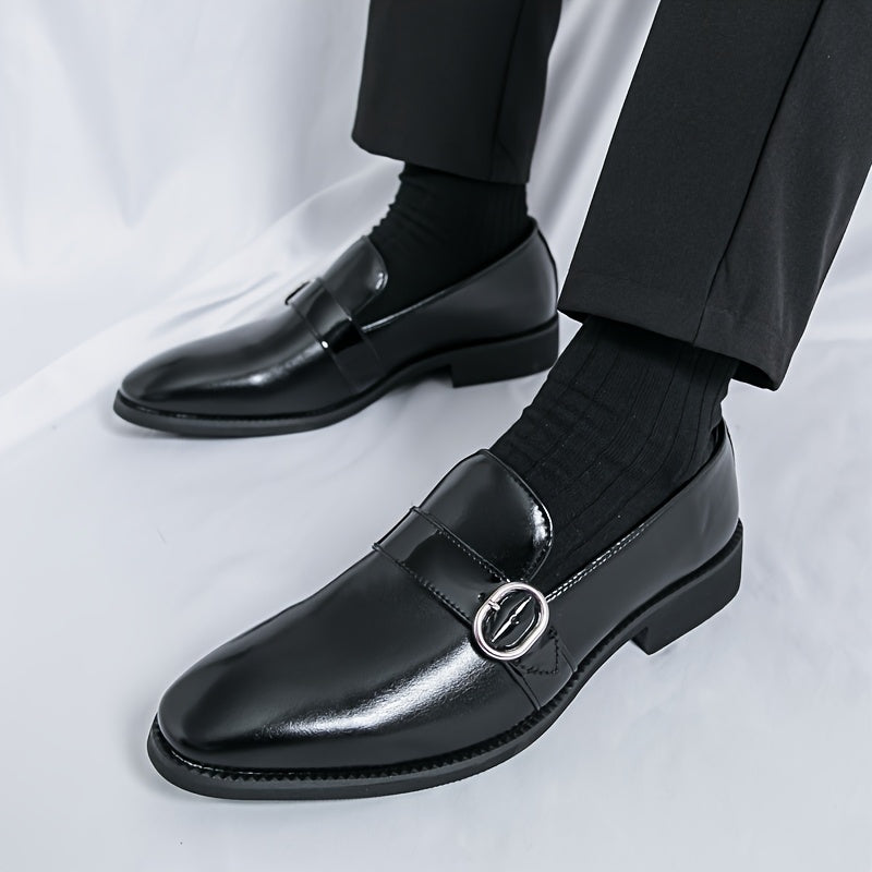 [Elegant Style] Men's Glossy Pointed-Toe Loafers - Fashionable Slip-On Dress Shoes with Metallic Buckle Detail, Versatile for Business or Casual Wear, Faux Upper, Rubber Sole SHOWLU FASHION STORE