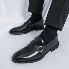 [Elegant Style] Men's Glossy Pointed-Toe Loafers - Fashionable Slip-On Dress Shoes with Metallic Buckle Detail, Versatile for Business or Casual Wear, Faux Upper, Rubber Sole SHOWLU FASHION STORE