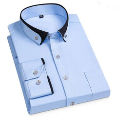 5XL Autumn/Winter Social Long Sleeve Shirt with Diamond Buckle Contrast Collar Men's Business Casual Four Seasons Pockets - SHOWLU FASHION STORE
