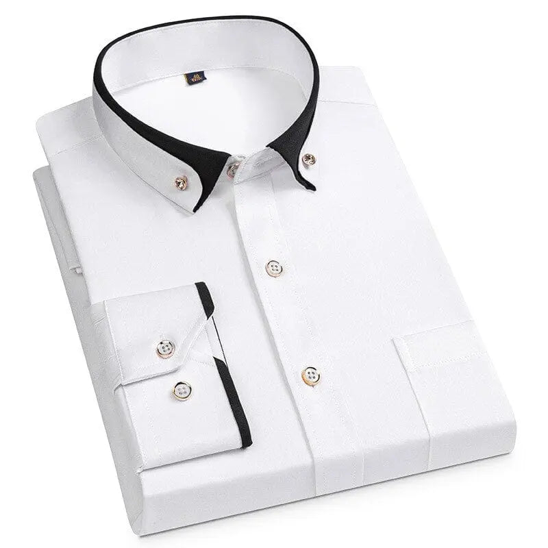 5XL Autumn/Winter Social Long Sleeve Shirt with Diamond Buckle Contrast Collar Men's Business Casual Four Seasons Pockets - SHOWLU FASHION STORE