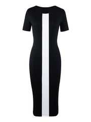 Elegant City-Style Two-Tone A-Line Dress with Short Sleeves and Side Slit - Rayon, Sleeveless, Bodycon Fit for Spring/Summer/Fall, Adult, Elegant Attire|Modern Fashion|Bodycon Dress