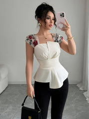 Women's Elegant Sleeveless Square Neck Blouse with Asymmetrical Hem & Floral Print - Summer Lightweight Machine-Washable Top for Casual Formal Outfits, Versatile Fashion, Twisted Waist Design, Smooth Fabric Texture, Office We