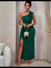2025 Summer New Arrival Women's Solid Color Asymmetrical Shoulder Ruffle Detail Sleeveless Elegant Charm Slit Dress Suitable for Parties, Gatherings, Dates, Singles' Night, Formal Dinners Grand Events, Valentine's Day, Weddin