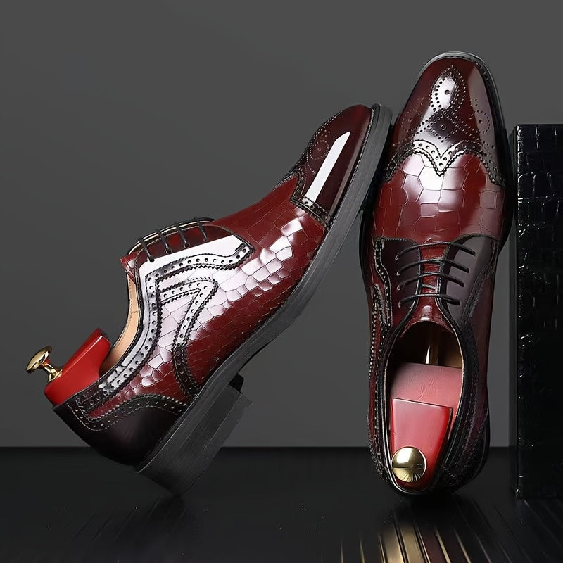 [Wedding Ready, Luxury Appearance] Breathable Men's Fashion Brogue Oxfords - Square Toe, Glossy Red Finish, Intricate Wingtip Design, Versatile Dress Shoes for Business, Weddings, and Casual Wear SHOWLU FASHION STORE