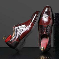 [Wedding Ready, Luxury Appearance] Breathable Men's Fashion Brogue Oxfords - Square Toe, Glossy Red Finish, Intricate Wingtip Design, Versatile Dress Shoes for Business, Weddings, and Casual Wear SHOWLU FASHION STORE