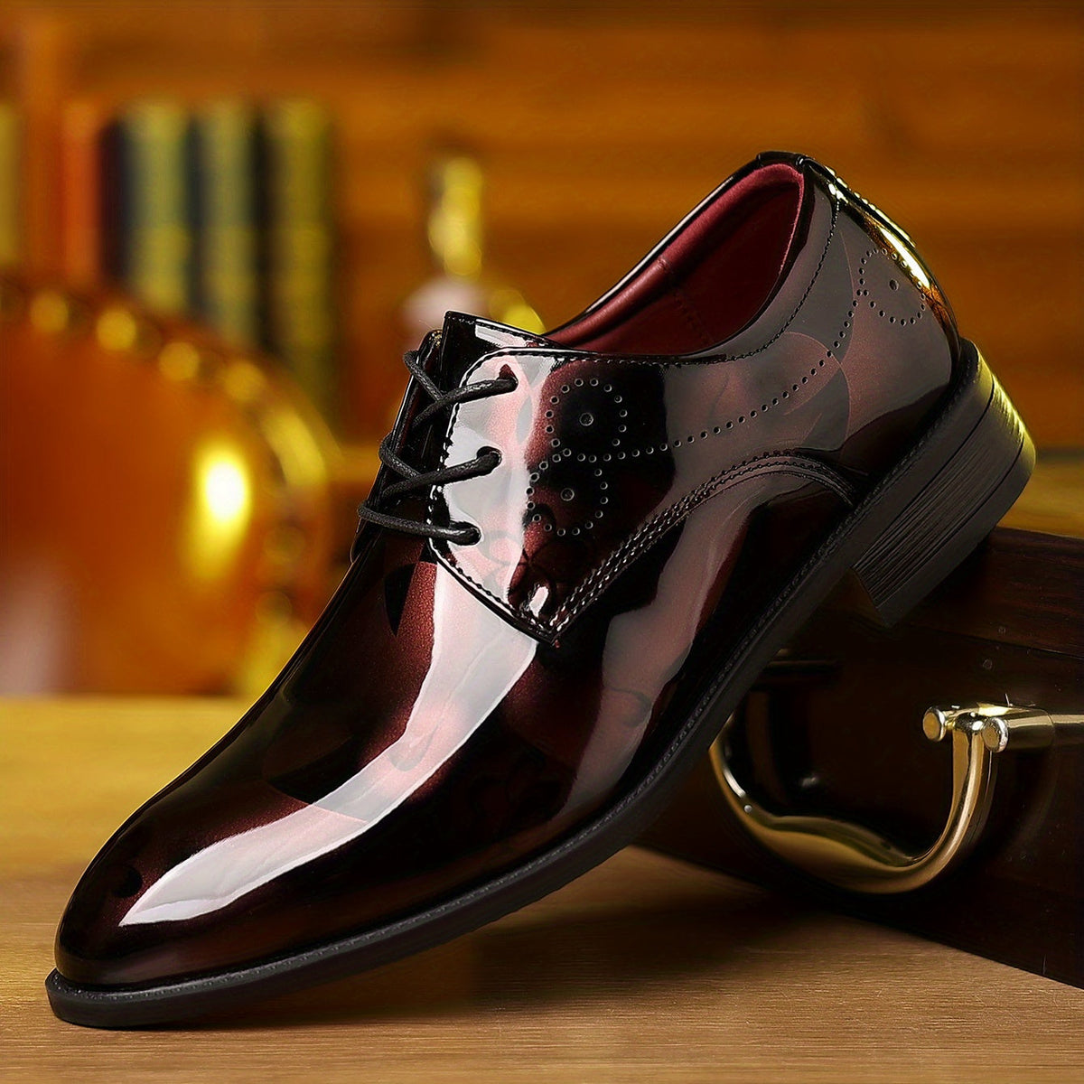 Men's Classic Lace-Up Dress Shoes - Glossy Wingtip Oxfords, Black, Formal & Casual Wear for Outdoor Events SHOWLU FASHION STORE