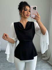 Women'S Elegant Black & White Pleated Waist Long Sleeve Top with Asymmetrical Hem - Chic Polyester Blend, All-Season Versatile Blouse for Casual or Formal Wear, Formal Attire | Asymmetrical Hem Top | Polyester Blend