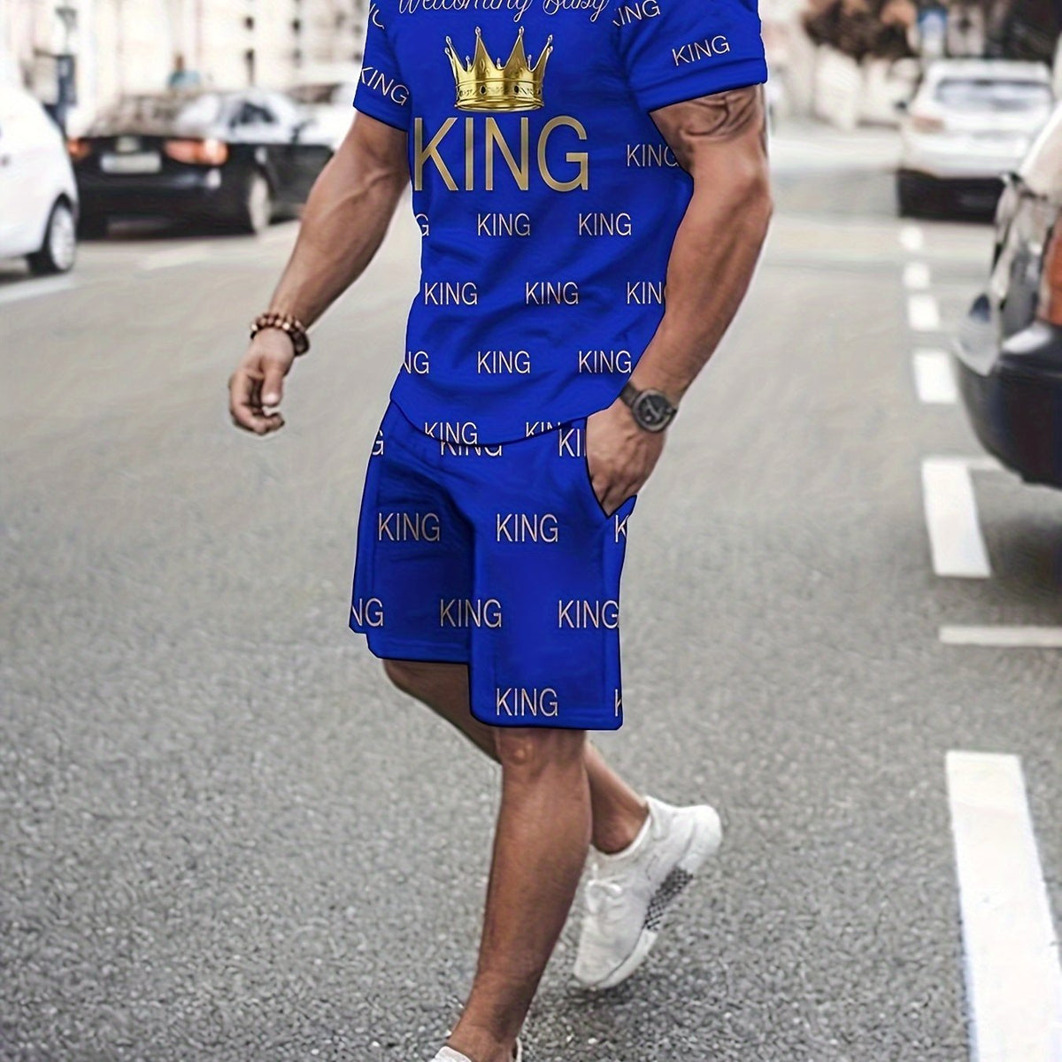 2pcs Men's "KING" Alphabet Print Summer Outfit Set, Men's Short Sleeve Crew Neck T-shirt & Elastic Waist Shorts with Pockets