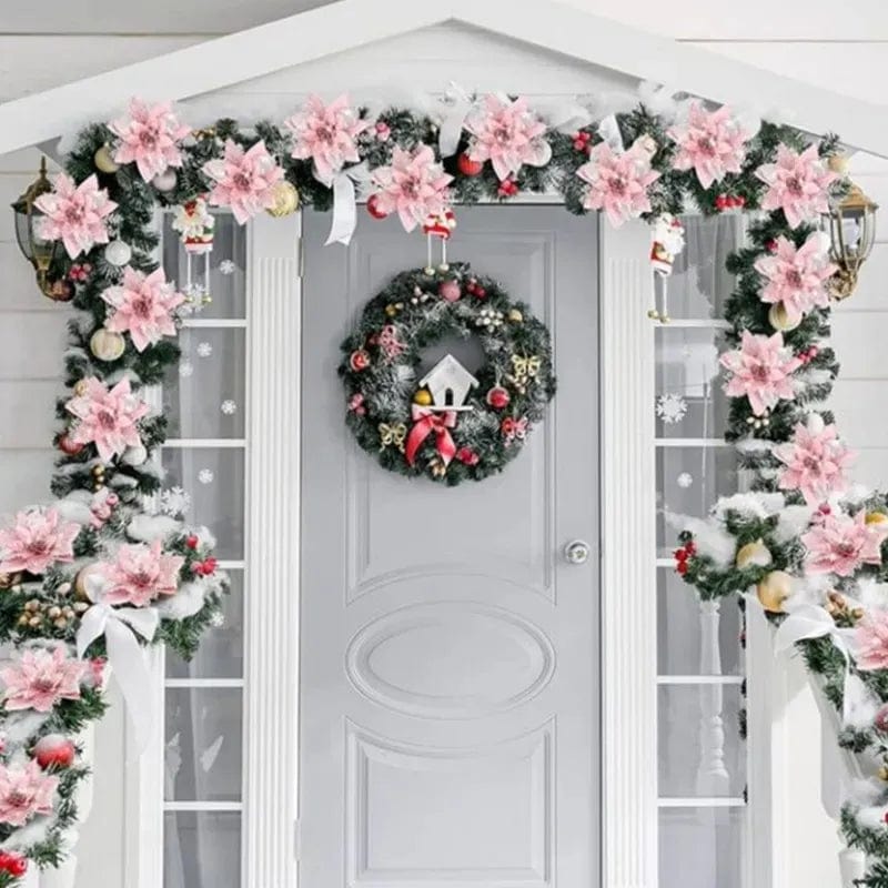 5pcs Glitter Pink Christmas Flowers Xmas Tree 14cm Artifical Flower Ornaments 2023 Merry Christmas Decoration For Home New Year - SHOWLU FASHION STORE