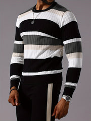 Men's Striped Color-Block Ribbed Knit Sweater - Long Sleeve Round Neck Pullover with Elastic Comfort Fit, Machine Washable Casual Fall Winter Top in Black/White/Green/Beige, Knit Sweater, Medium Elasticity
