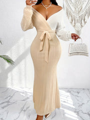 Women's Elegant Two-Tone Batwing Sleeve Wrap Waist Cinched Bodycon Dress
