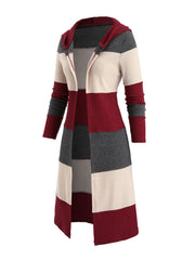 Women's Casual Hooded Long Sleeve Cardigan - Maroon & Color-Block Design, Machine Washable Fall Winter Warm Coat with Front Pockets, Seasonal Fashion, Relaxed Fit, Quality Stitching, Autumn Wardrobe