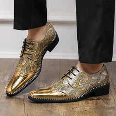 Men's Stylish Golden Brogue Loafers with Diamond Pattern - Pointed Toe Dress Shoes for Business & Casual Wear, Low-Top Lace-Up Design, All-Season Comfort, Allseason Shoes | Stylish Brogue Loafers | Polished Finish Shoes SHOWLU FASHION STORE