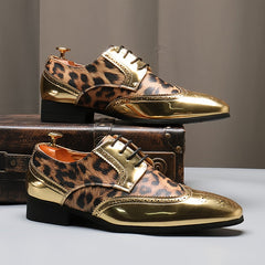 [Leopard Print Oxfords] Stylish Men's Leopard Print Oxfords - Golden Accents Dress Shoes with Brogue Detailing for Weddings, Parties & Business Casual Events SHOWLU FASHION STORE