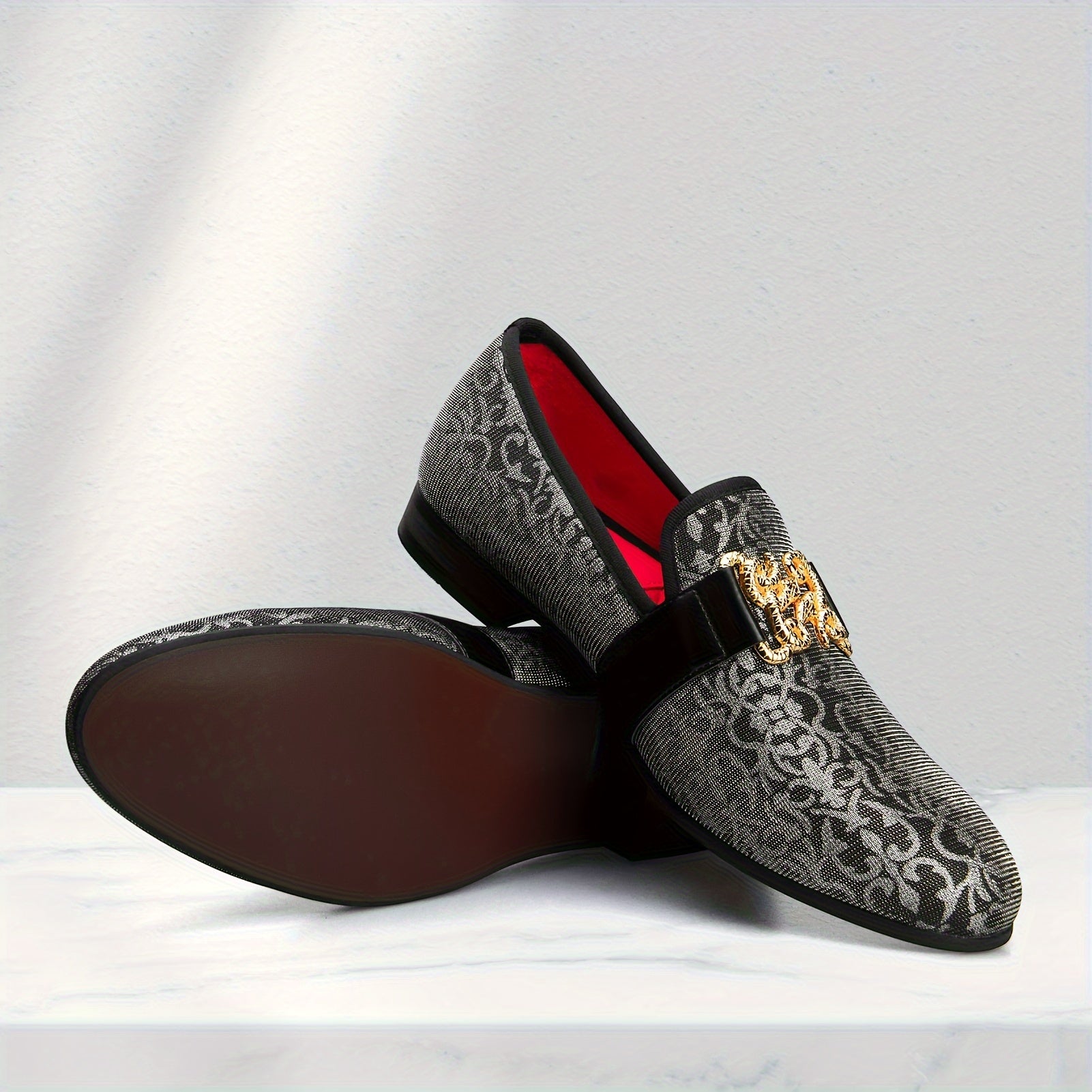 [Floral Pattern Loafers] Elegant Slip-On Loafers - Comfortable Floral Pattern Shoes with Golden Buckle, Black and Red Accents - Perfect for Parties & Streetwear SHOWLU FASHION STORE