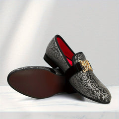 [Floral Pattern Loafers] Elegant Slip-On Loafers - Comfortable Floral Pattern Shoes with Golden Buckle, Black and Red Accents - Perfect for Parties & Streetwear SHOWLU FASHION STORE