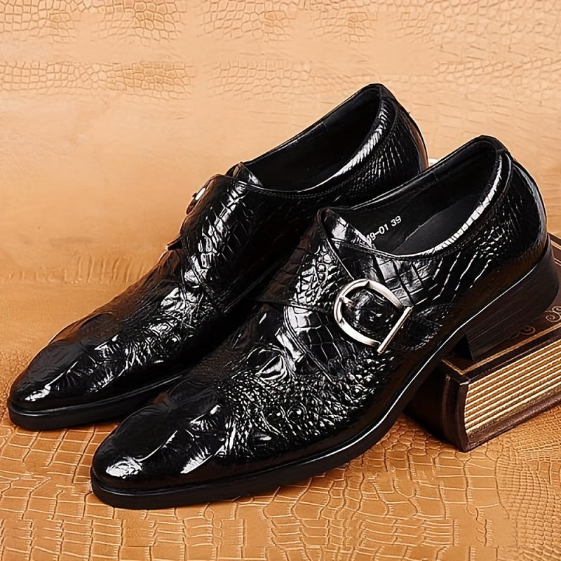 Men's Crocodile Print Pointed Toe Slip-On Loafers - Elegant Red Dress Shoes with Glossy Finish & Metal Buckle, Breathable for Business, Office, Weddings, and Formal Events SHOWLU FASHION STORE