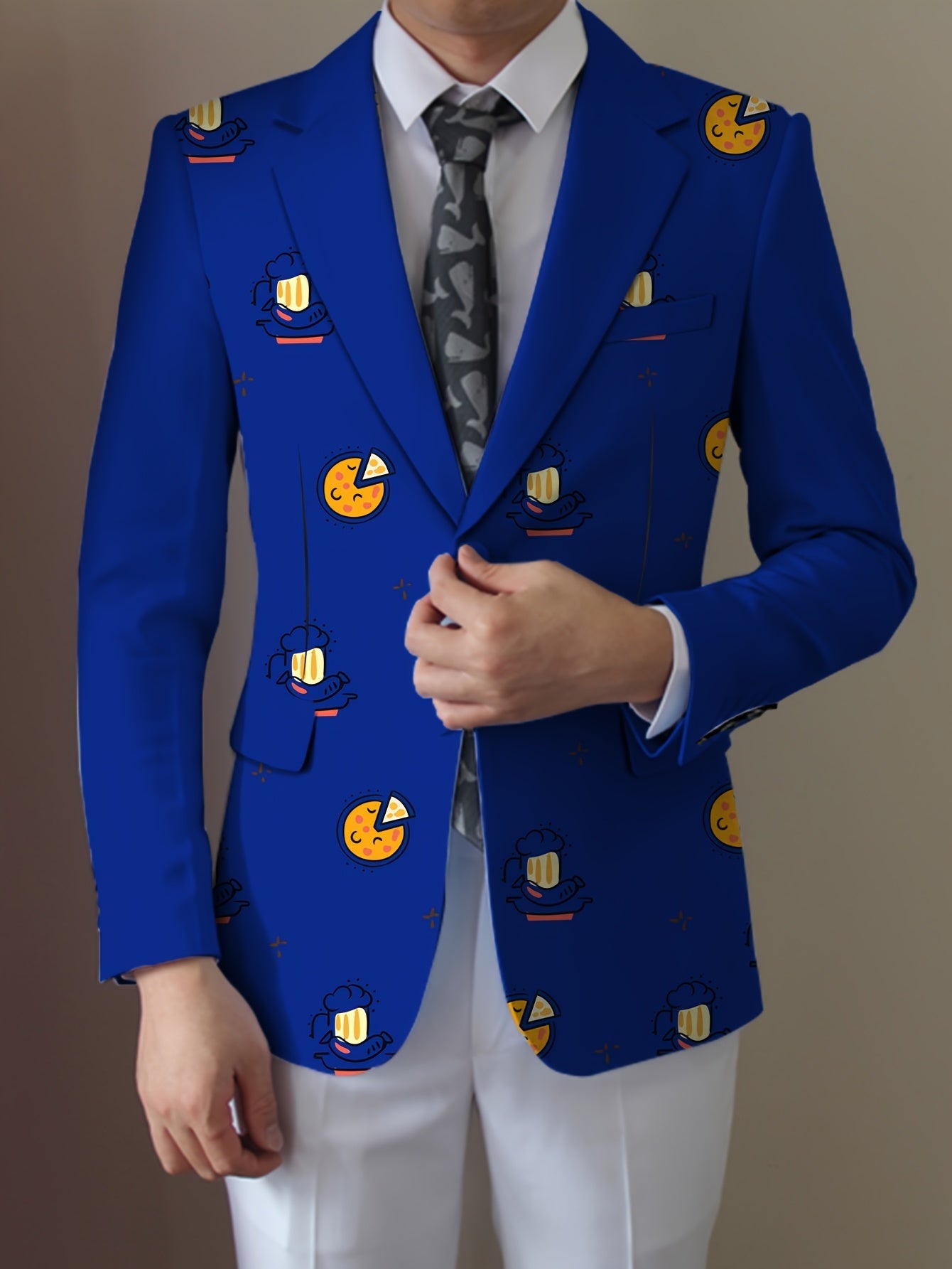 Men'S Casual Food Cartoon Pattern Suit, Polyester 95% Elastane 5%, All-Season Lapel Collar Blazer with Button Details, Regular Fit Woven Fabric SHOWLU FASHION STORE