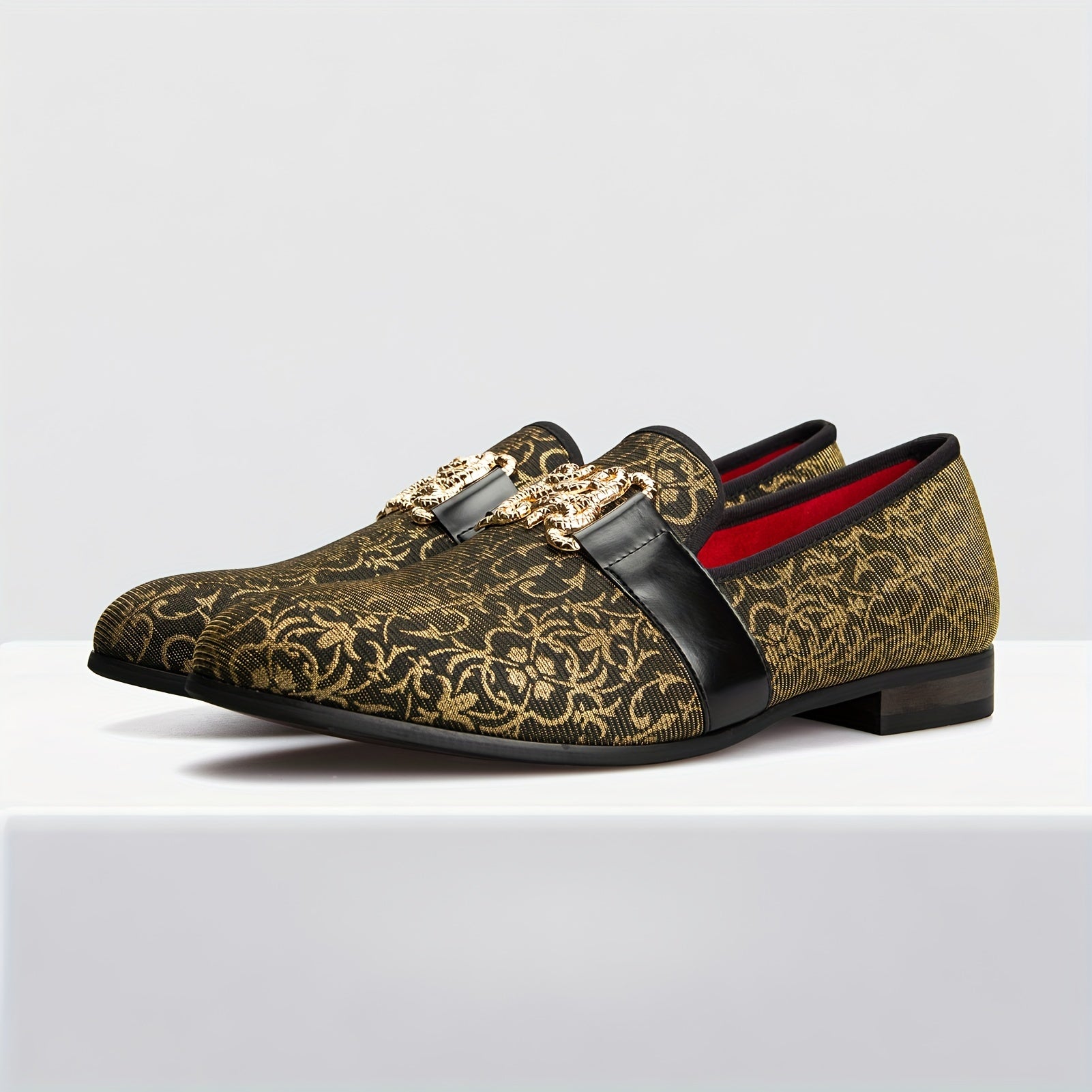 [Floral Pattern Loafers] Elegant Slip-On Loafers - Comfortable Floral Pattern Shoes with Golden Buckle, Black and Red Accents - Perfect for Parties & Streetwear SHOWLU FASHION STORE