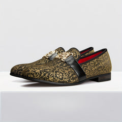 [Floral Pattern Loafers] Elegant Slip-On Loafers - Comfortable Floral Pattern Shoes with Golden Buckle, Black and Red Accents - Perfect for Parties & Streetwear SHOWLU FASHION STORE