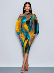 Elegant Off-Shoulder Geometric Print Dress for Women - High Stretch, Machine Washable, Bodycon Fit with Pleated Detail, Perfect for Parties & Events, Formal Gathering Outfit | Elegant Offshoulder Dress | Vibrant Color Dress,