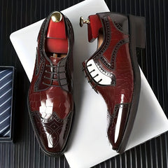 [Wedding Ready, Luxury Appearance] Breathable Men's Fashion Brogue Oxfords - Square Toe, Glossy Red Finish, Intricate Wingtip Design, Versatile Dress Shoes for Business, Weddings, and Casual Wear SHOWLU FASHION STORE
