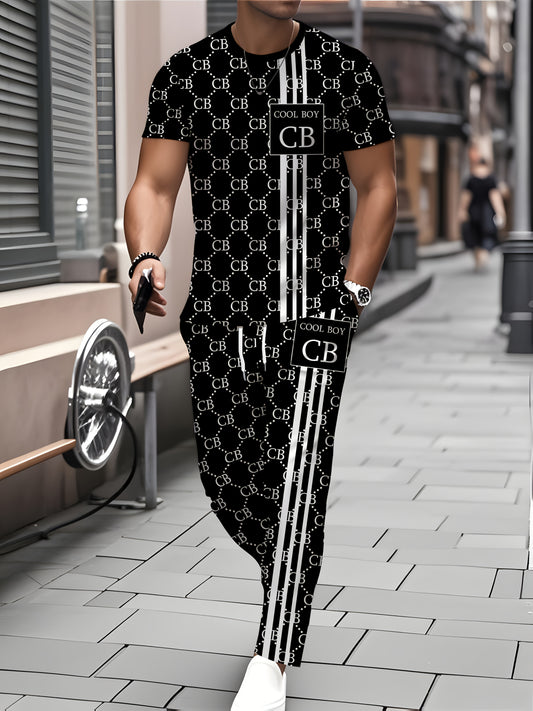Zhiyu OBM Men's Summer Casual Sportswear 2pcs Set, Fashionable Round Neck Short Sleeve T-Shirt with Drawstring Pants