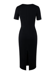 Elegant City-Style Two-Tone A-Line Dress with Short Sleeves and Side Slit - Rayon, Sleeveless, Bodycon Fit for Spring/Summer/Fall, Adult, Elegant Attire|Modern Fashion|Bodycon Dress