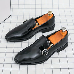 [Elegant Style] Men's Glossy Pointed-Toe Loafers - Fashionable Slip-On Dress Shoes with Metallic Buckle Detail, Versatile for Business or Casual Wear, Faux Upper, Rubber Sole SHOWLU FASHION STORE