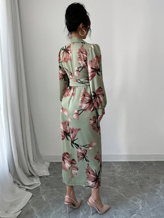 [Elegant French Dress] Elegant V-Neck French Floral Print Dress | Mid-Length Lace-Up Bodycon Midi Dress for Women - Perfect for Spring/Fall Commute & Vacation