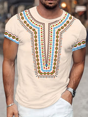 Men's African-Inspired Print T-Shirt - Soft Stretch Knit Crew Neck, White with Multicolor Tribal Pattern (Green/Blue/Red/Yellow), Machine Washable Non-See-Through Shirt for Casual, Office & Party Wear - Nigerian Style Attire
