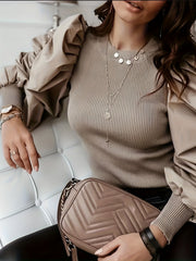 Women'S Black Ribbed Blouse with Puff Sleeves & Round Neck - Stylish Layering Piece for Casual or Formal Outfits, Allseason Top | Ribbed Texture Top | Construction, Ladies Blouses