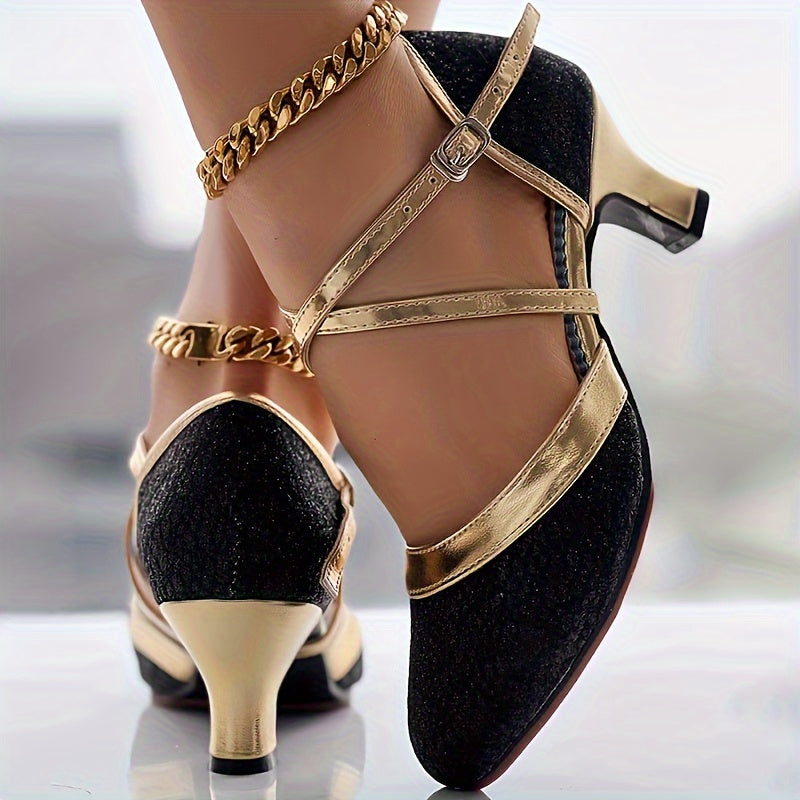 Women's Glitter D'Orsay Latin Dance Shoes, Crisscross Buckle Strap Chunky Mid Heels, All-Match Dress Dance Pumps SHOWLU FASHION STORE