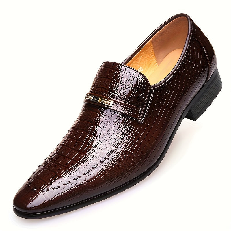 [Crocodile Oxford Loafers] Crocodile-Embossed Men's Black Oxford Loafers - Slip-On Dress Shoes with Golden-Tone Metallic Emblem - Comfortable Rubber Sole for Casual Business Formal Occasions SHOWLU FASHION STORE