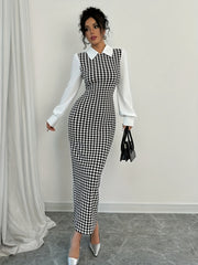 Women's Elegant Houndstooth Print Puffed Sleeve Bodycon Dress - Black & White Contrast, Machine Washable, All-Season Versatile Fit, Clothes for Ladies, Formal Attire, Classic Collared Top, Medium Elasticity