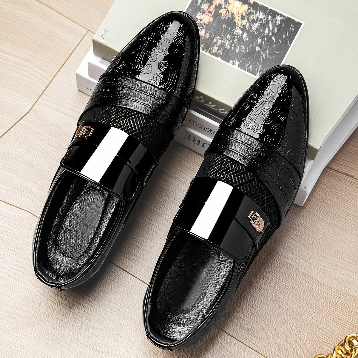 Men's Elegant Black Slip-On Dress Shoes with Embossed Design & Metallic Accents - Perfect for Weddings, Parties, and Formal Events, Wedding Footwear | Elegant Slipons | Decorative Embossed Design SHOWLU FASHION STORE